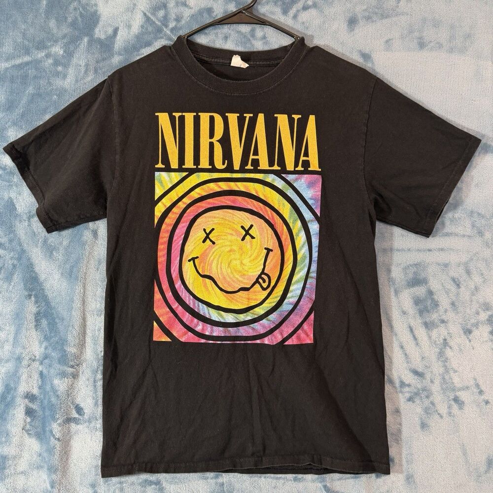 Nirvana T Shirt Sz M Black Spiral Tie Dye Smiley Face Graphic Band Tee